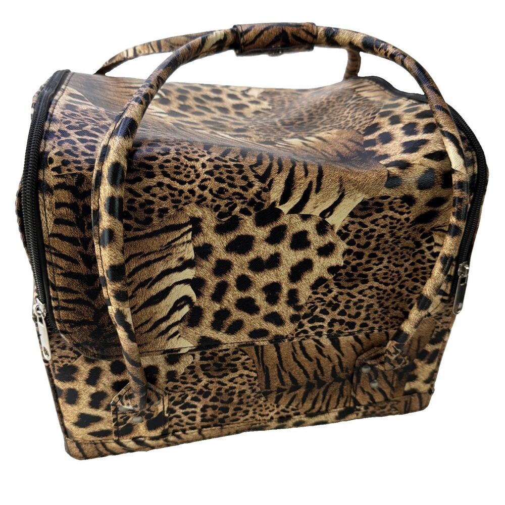 Animal Print Cosmetic XL Train Case Bag Zip Expanding Lift Out Tray Ext Handles